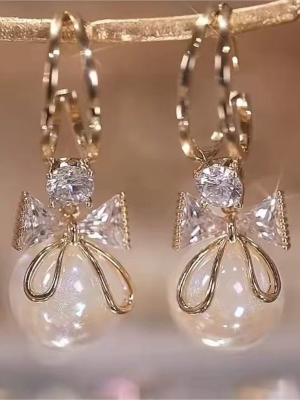 Anthropologie Gold Bow & Pearl Drop Earrings with Clear Crystals
